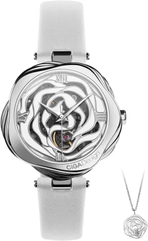 Automatic Mechanical Skeleton Wrist Watch with Bonus Necklace Gifts (Leather Strap, Mechanical exclude sow stove edifice subjugation displacement Movement) CIGA Design Watches for Women Denmark Rose Series Fashion 