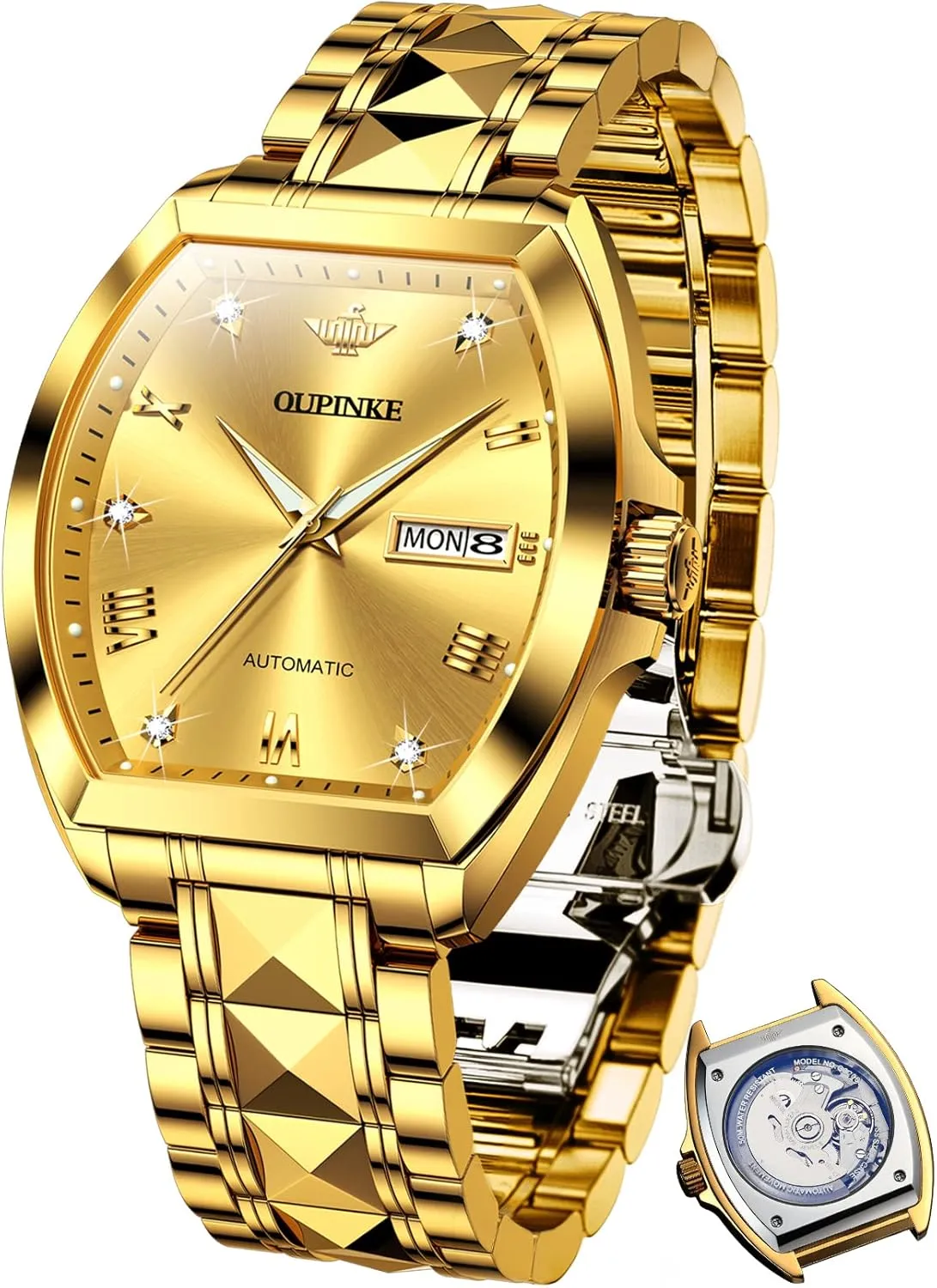 Automatic Watches Luxury Self Winding Mechanical Tonneau Diamond Business Dress Wrist Watches Sapphire Crystal partly store vie height pin Tungsten Steel Waterproof Luminous OUPINKE Mens 