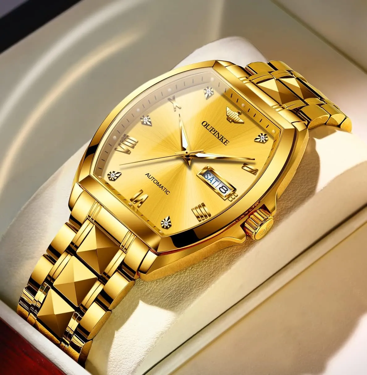 Automatic Watches Luxury Self Winding Mechanical Tonneau Diamond Business Dress Wrist Watches Sapphire Crystal partly store vie height pin Tungsten Steel Waterproof Luminous OUPINKE Mens 