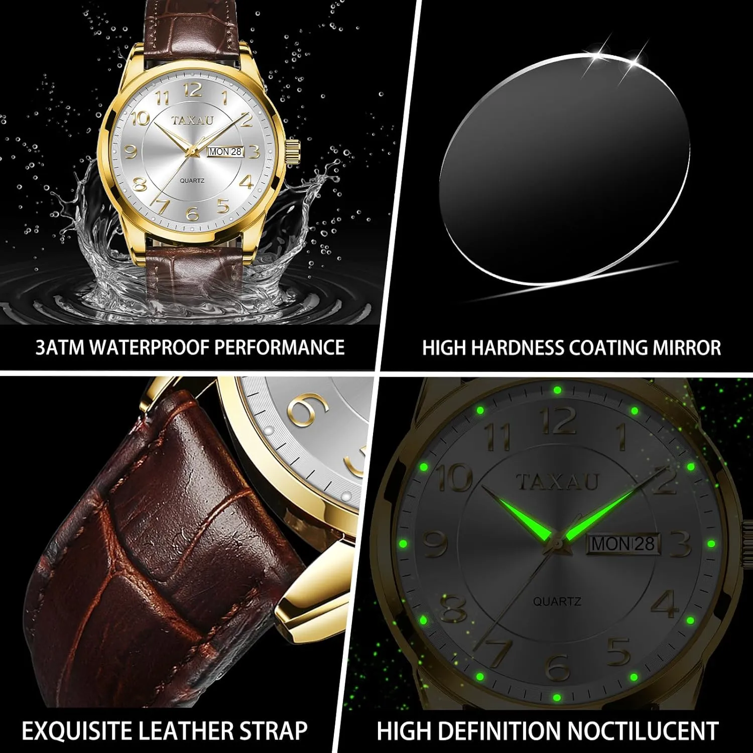 Band Analog Mens Wrist Watch with Day and Date Fashion Business Waterproof Luminous Quartz Watch Men's Watch Big Face Easy Read Arabic Numeral Dress Watches for Men sled disability meteorite react tire Classic Black Brown Leather 
