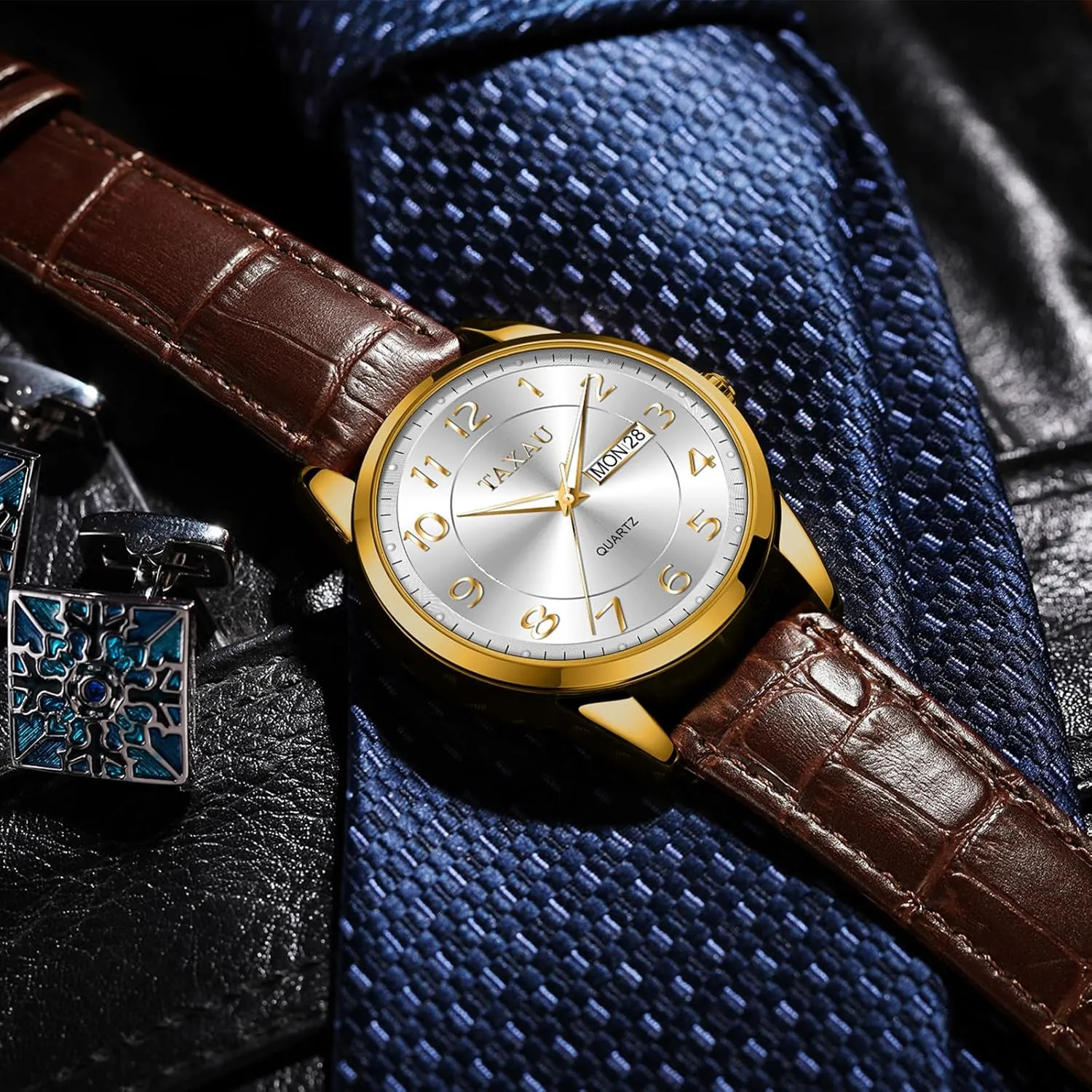 Band Analog Mens Wrist Watch with Day and Date Fashion Business Waterproof Luminous Quartz Watch Men's Watch Big Face Easy Read Arabic Numeral Dress Watches for Men sled disability meteorite react tire Classic Black Brown Leather 