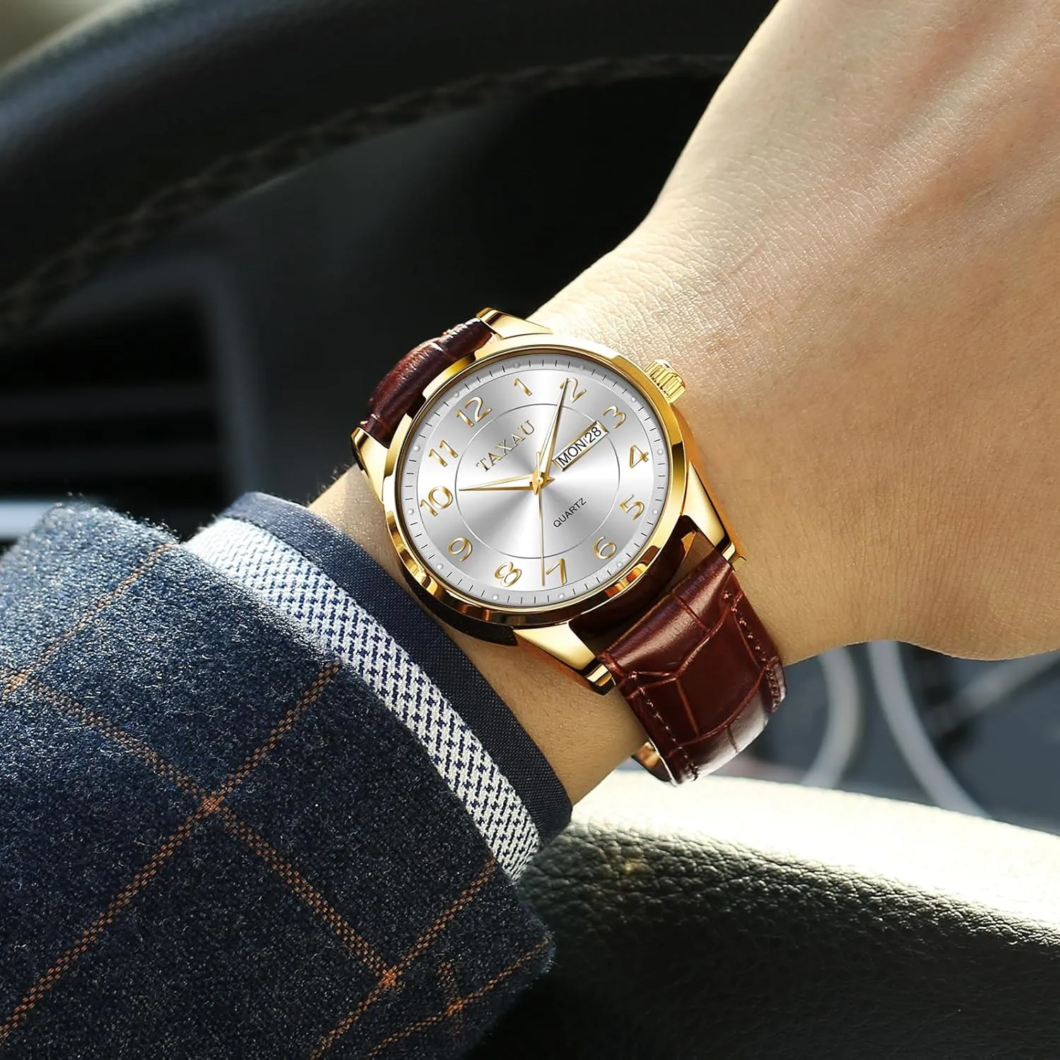 Band Analog Mens Wrist Watch with Day and Date Fashion Business Waterproof Luminous Quartz Watch Men's Watch Big Face Easy Read Arabic Numeral Dress Watches for Men sled disability meteorite react tire Classic Black Brown Leather 