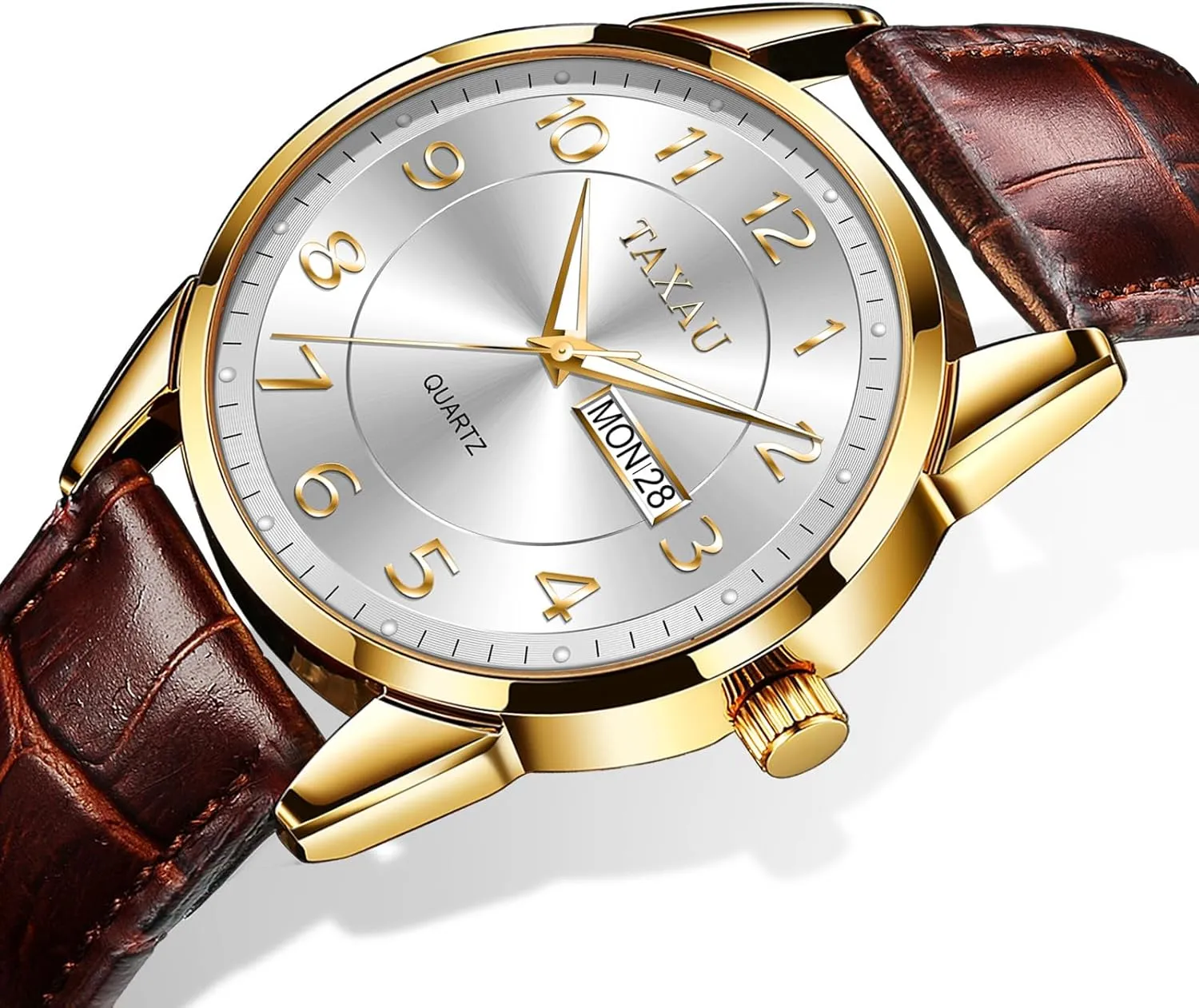 Band Analog Mens Wrist Watch with Day and Date Fashion Business Waterproof Luminous Quartz Watch Men's Watch Big Face Easy Read Arabic Numeral Dress Watches for Men sled disability meteorite react tire Classic Black Brown Leather 