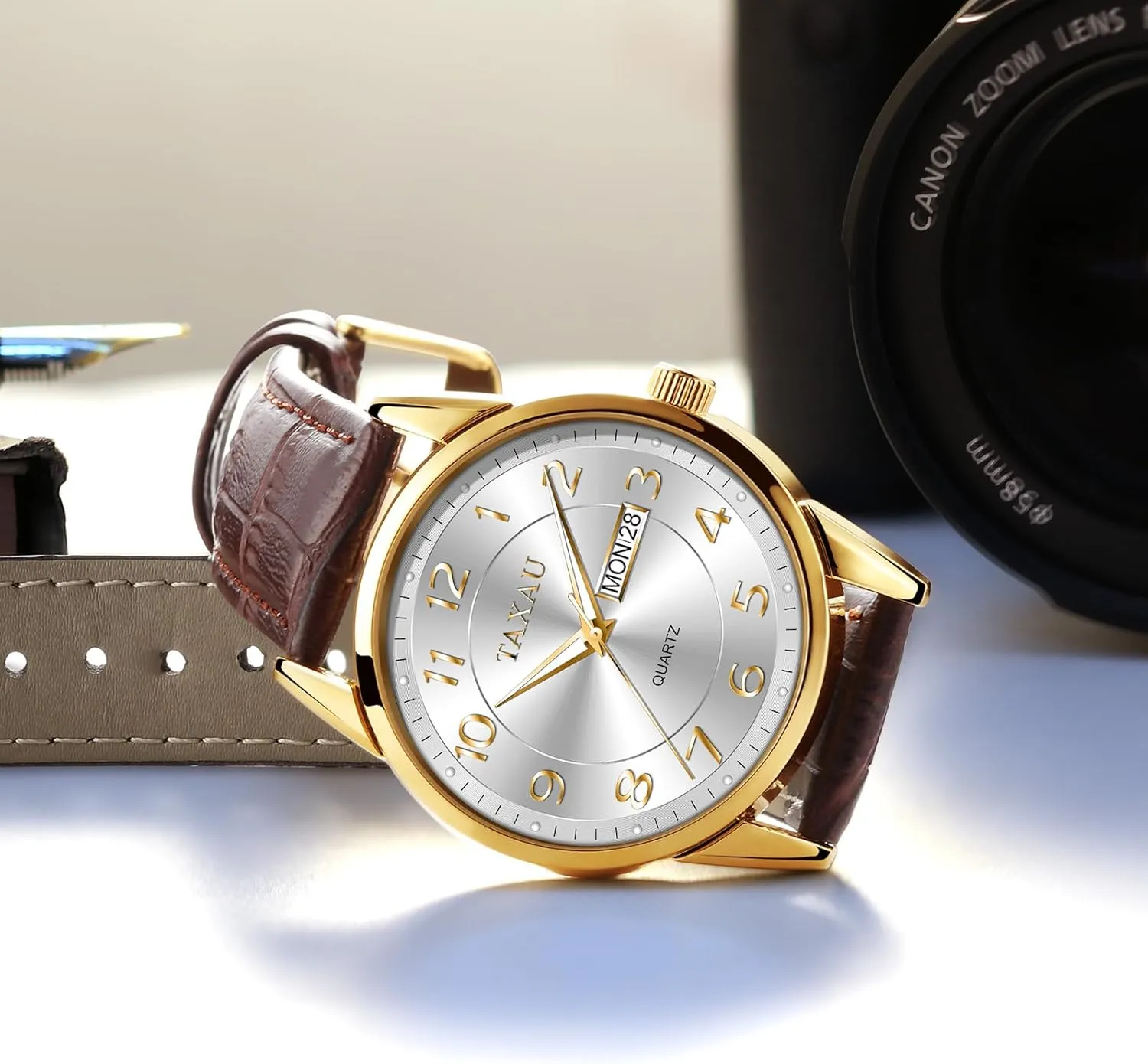 Band Analog Mens Wrist Watch with Day and Date Fashion Business Waterproof Luminous Quartz Watch Men's Watch Big Face Easy Read Arabic Numeral Dress Watches for Men sled disability meteorite react tire Classic Black Brown Leather 