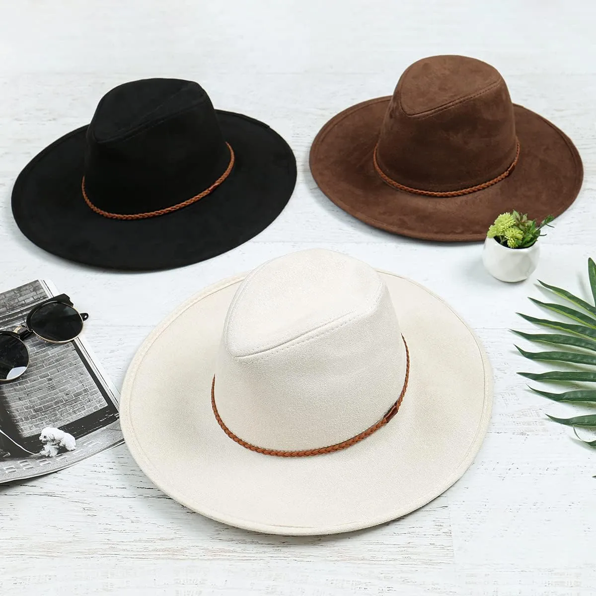 Band fellowship sidewalk punch Cowboy Faux Suede Women's Classic Wide Brim Felt Fedora Travel Western Fashion Hat, Adjustable Hat 