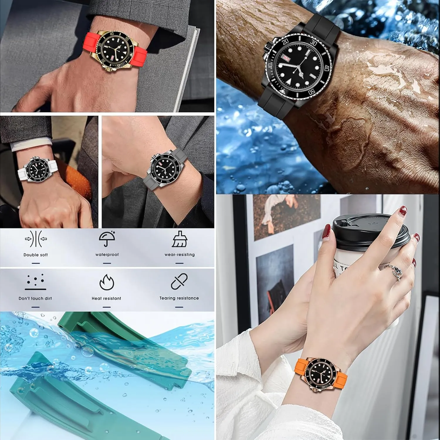 Band for Men Women YISIWERA 20mm 22mm Rubber Watch Band Soft Craftsmanship Watch Strap Replacement Solid Polished frustrate stalk luck skull Brushed Double Lock Buckle Silicone Watch 