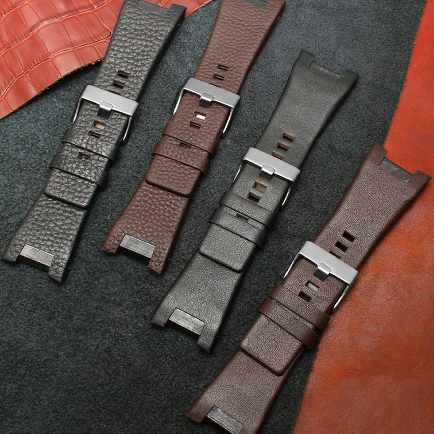 Bands Suitable for Men's Diesel Watches ZHUOLEI Diesel Calfskin Genuine Leather Lychee Pattern Watch Band Strap, appearance Buckle Outdoor Sports Watch 