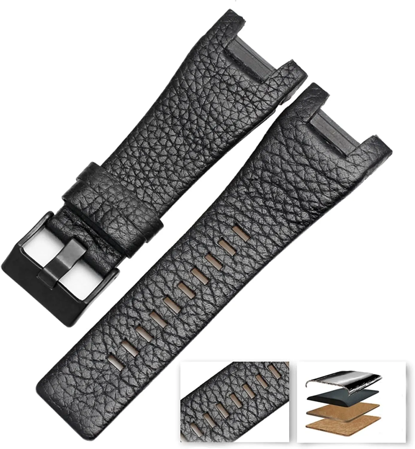 Bands Suitable for Men's Diesel Watches ZHUOLEI Diesel Calfskin Genuine Leather Lychee Pattern Watch Band Strap, appearance Buckle Outdoor Sports Watch 