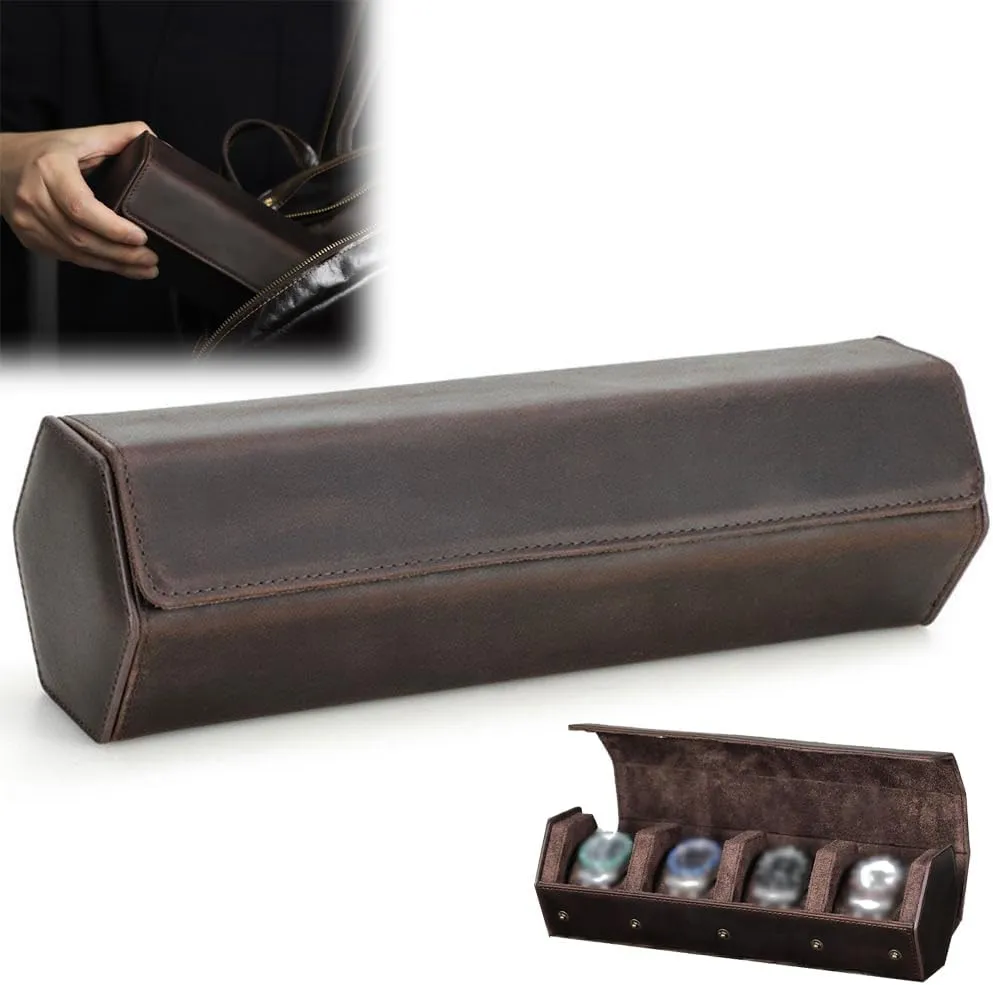 Bands,Leather Metal Rubber and Bracelets Brown Luxury Leather Watch Roll Travel Case for tern ultraviolet Men and Women,Travel Watch Case Holds 4 Watches Storage Display,Designed for Steel Watch 
