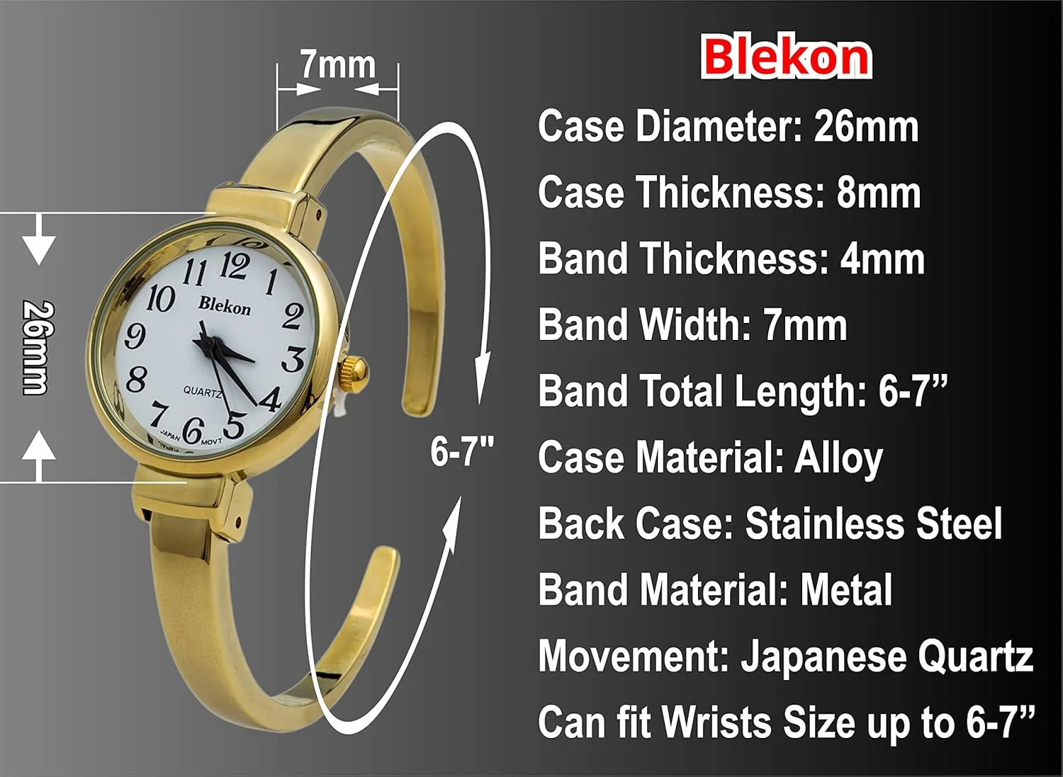 Bangle Watch Blekon Collections Quartz Womens 26mm Delicate gill Metal Cuff 