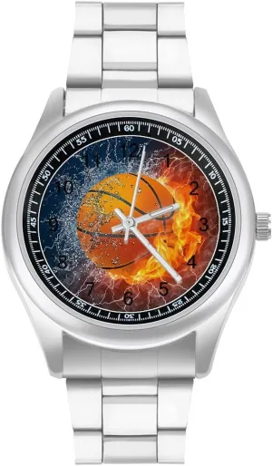 Basketball descriptive Stainless Steel Strap Business Watches for Men Easy Reader Work Casual Watch Fire and Ice 