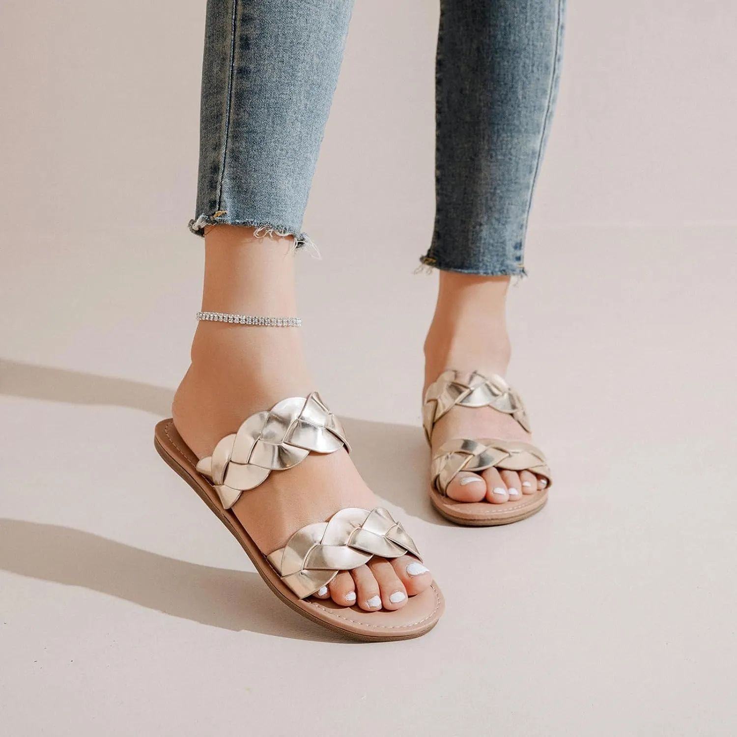 Beach Shoes astute for Women. Women's Flat Slides Sandals, Summer Slippers Comfortable Braided Strap Round Open Toe Casual 