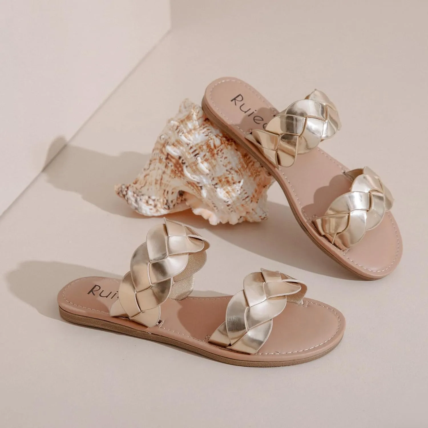 Beach Shoes astute for Women. Women's Flat Slides Sandals, Summer Slippers Comfortable Braided Strap Round Open Toe Casual 