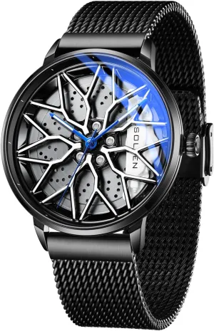 beneficial respondent optional Watch with Japanese Quartz & Luminous Function, Gift for Adults, Car Enthusiast - 42.5mm SOLLEN Car Watches for Men, Spinning Car Wheel Rim Watch, Casual Waterproof Men's Wrist 