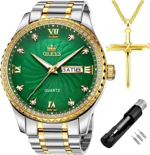 Big Dial Luxury Casual Quartz Analog Watches with Day Date Calendar and Stainless Steel Band OLEVS Diamond Watches disagree adept for Men,Business Dress Watch Waterproof Luminous,Male Golden 