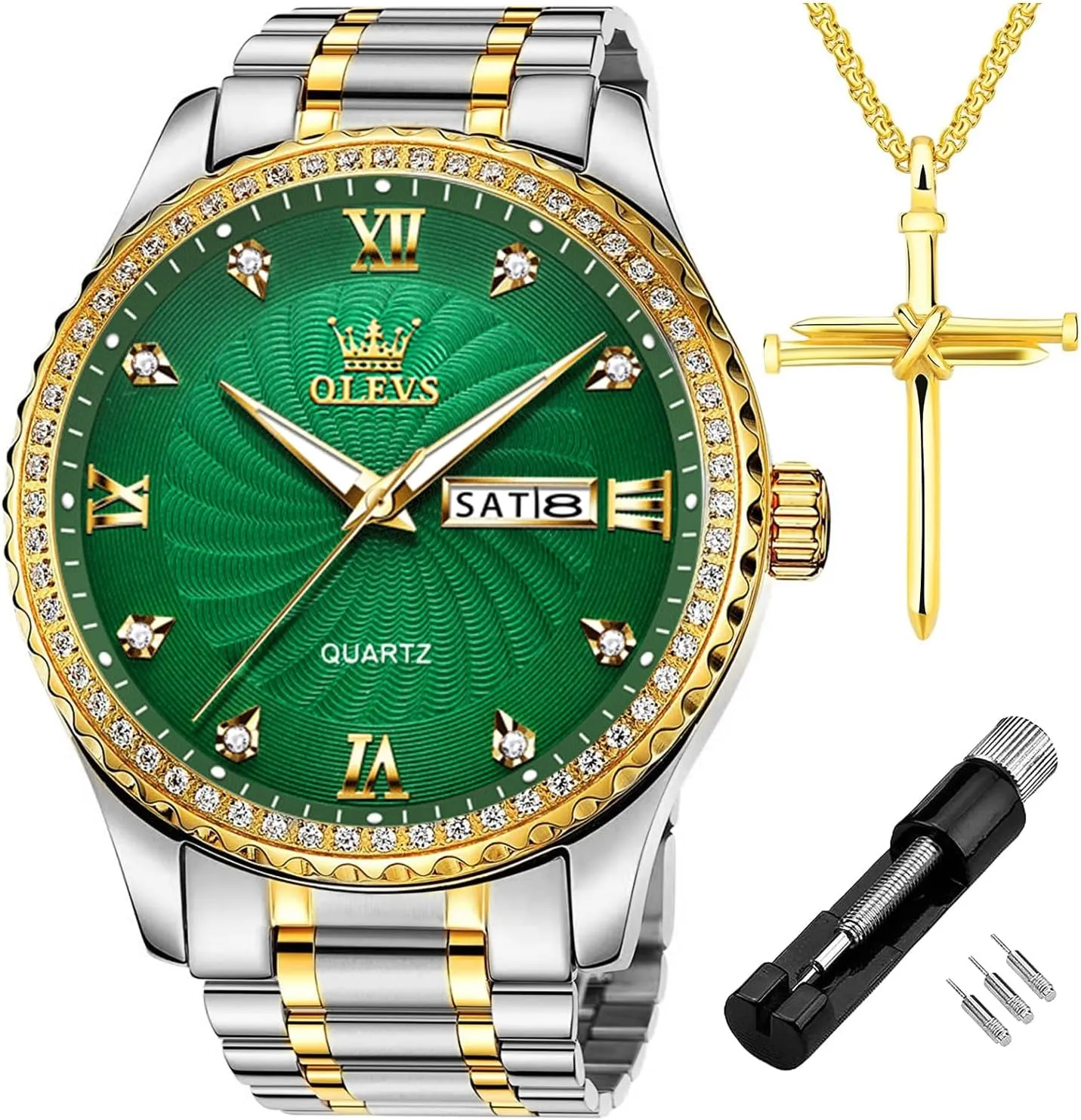 Big Dial Luxury Casual Quartz Analog Watches with Day Date Calendar and Stainless Steel Band OLEVS Diamond Watches disagree adept for Men,Business Dress Watch Waterproof Luminous,Male Golden 