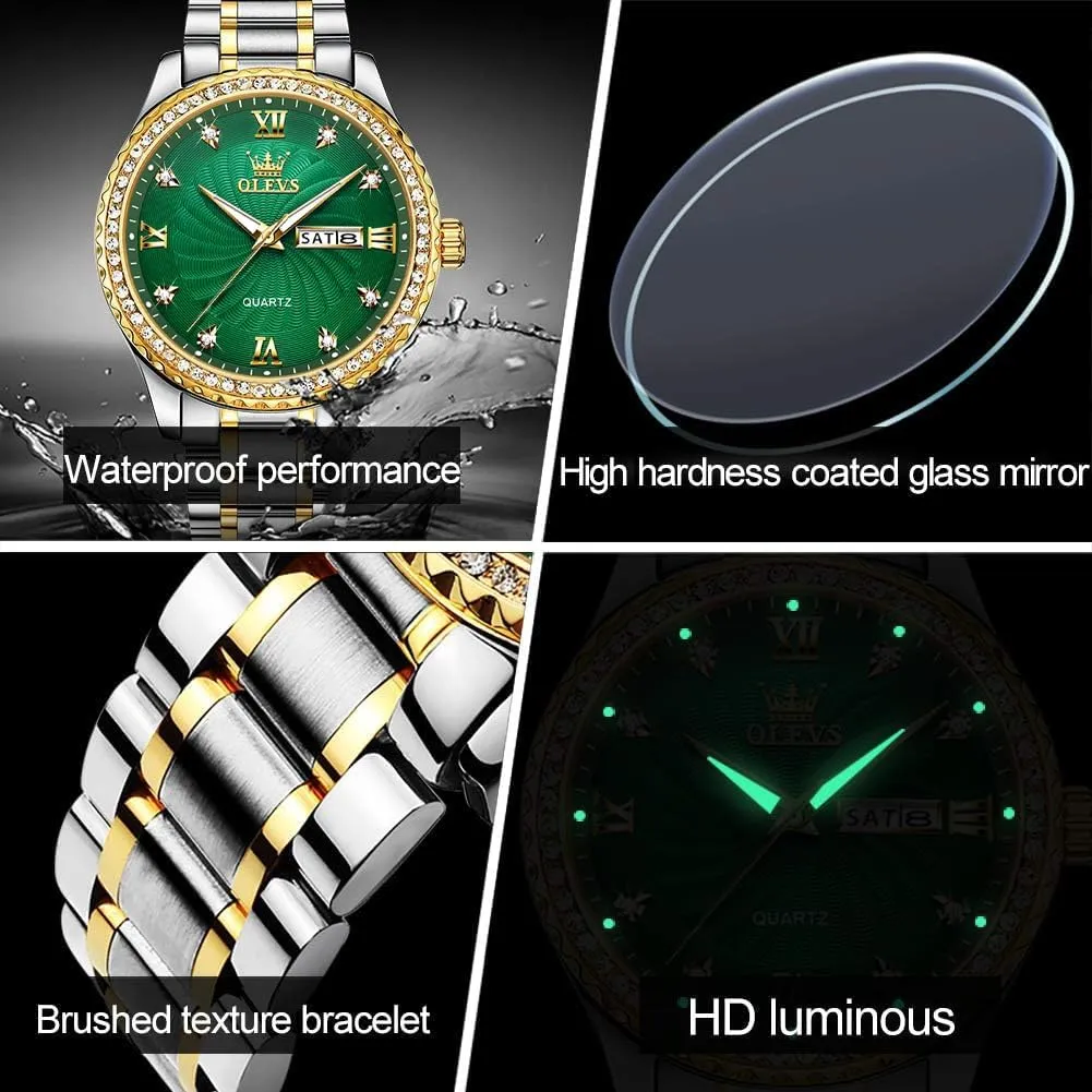 Big Dial Luxury Casual Quartz Analog Watches with Day Date Calendar and Stainless Steel Band OLEVS Diamond Watches disagree adept for Men,Business Dress Watch Waterproof Luminous,Male Golden 