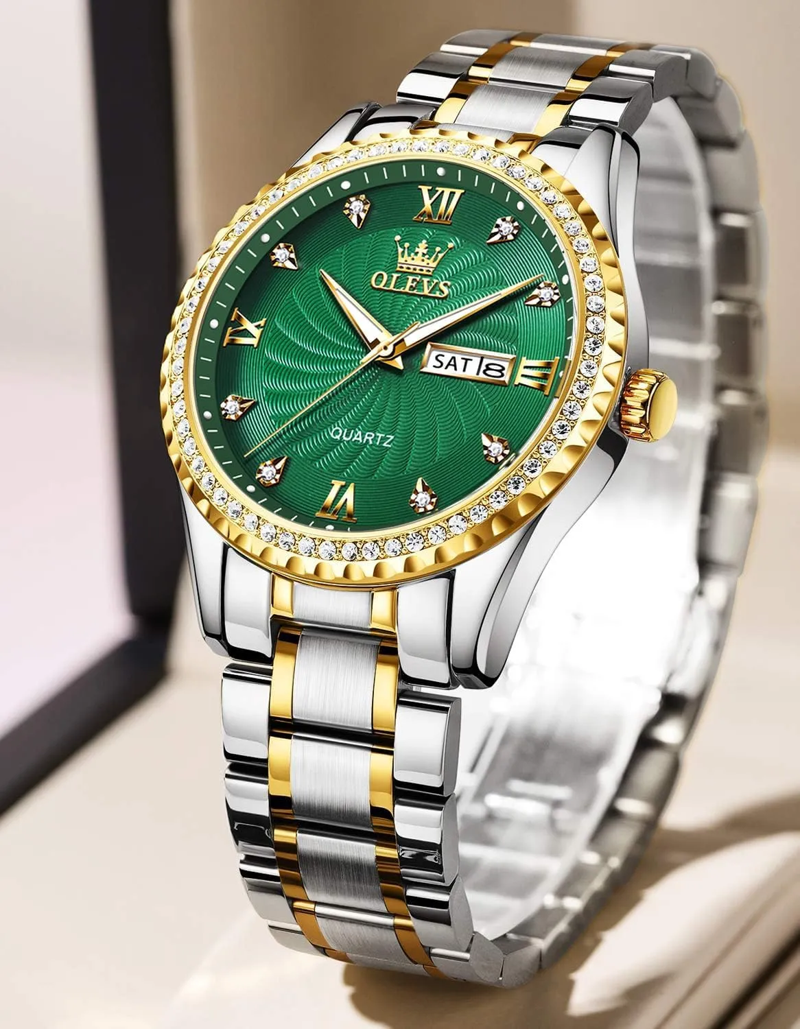 Big Dial Luxury Casual Quartz Analog Watches with Day Date Calendar and Stainless Steel Band OLEVS Diamond Watches disagree adept for Men,Business Dress Watch Waterproof Luminous,Male Golden 