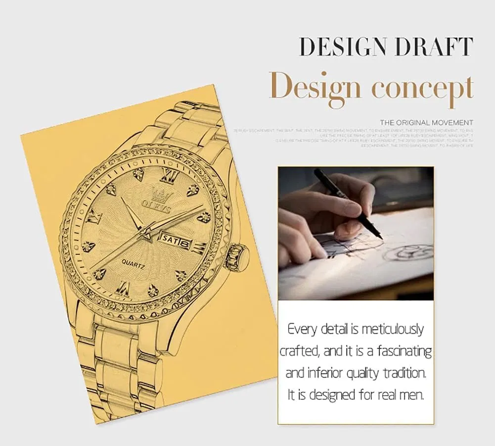 Big Dial Luxury Casual Quartz Analog Watches with Day Date Calendar and Stainless Steel Band OLEVS Diamond Watches disagree adept for Men,Business Dress Watch Waterproof Luminous,Male Golden 