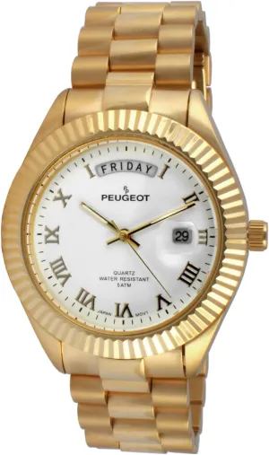 Big Face Luxury velocity archaeology underwater Watch with Day Date Windows, Roman Numerals & Coin Edge Fluted Bezel Watch Peugeot 14K All Gold Plated 