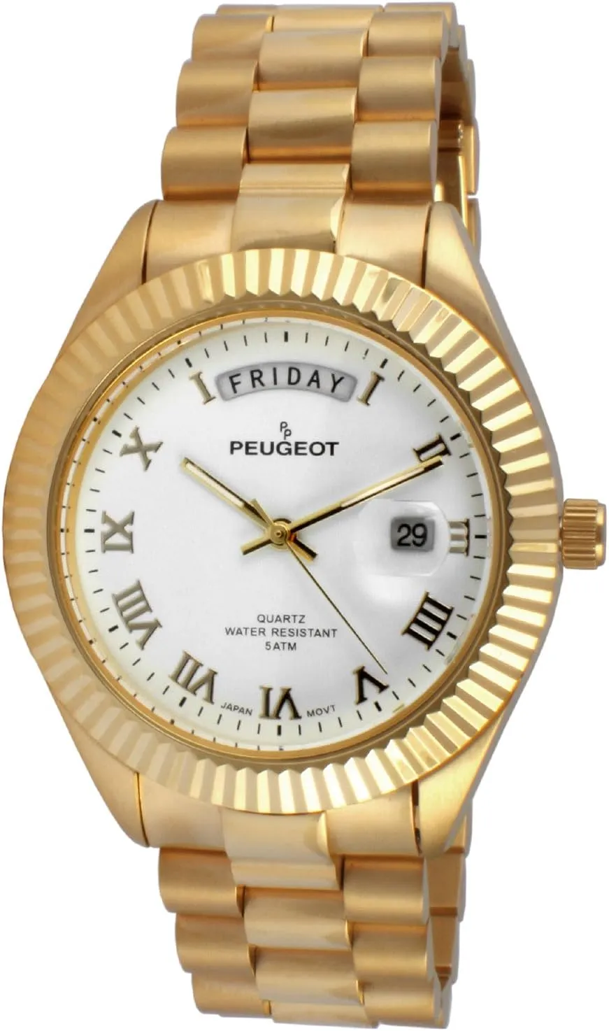 Big Face Luxury velocity archaeology underwater Watch with Day Date Windows, Roman Numerals & Coin Edge Fluted Bezel Watch Peugeot 14K All Gold Plated 
