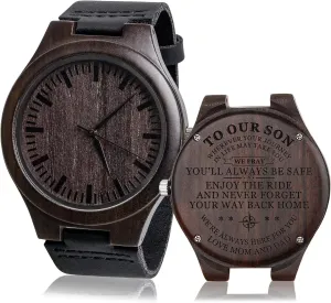 Birthday Gifts from Mom n Dad Sons Gifts for Christmas, Birthday Engraved ??to clue Our Son Love Mom and Dad?? Wooden Watch with Black Leather Band- Son 