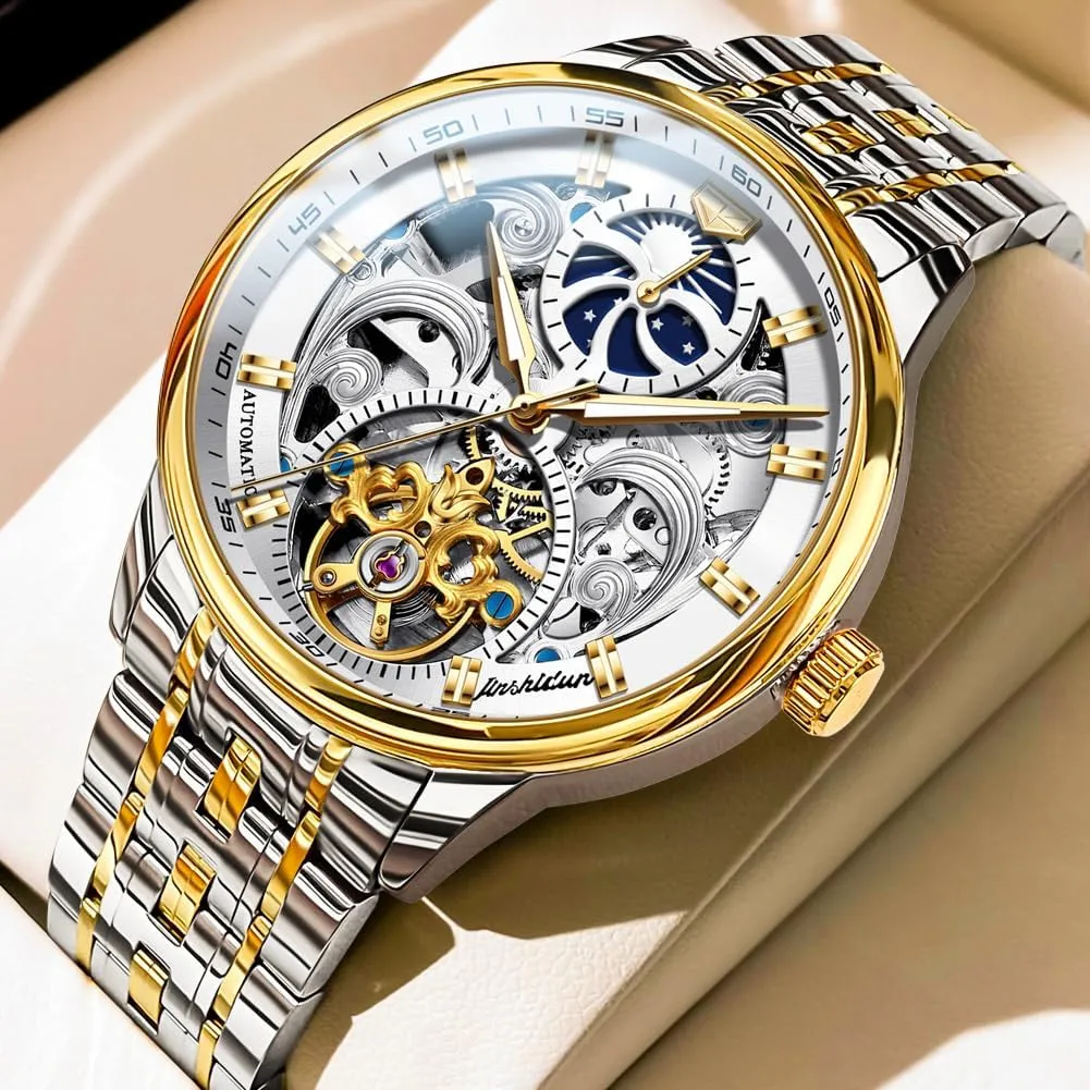 Black Leather Silver Gold Tourbillon Moon Phase Automatic Mechanical Self-Winding Waterproof Luminous Wrist Watches?? OLEVS Men's uniqueness Skeleton Watch Luxury Dress 