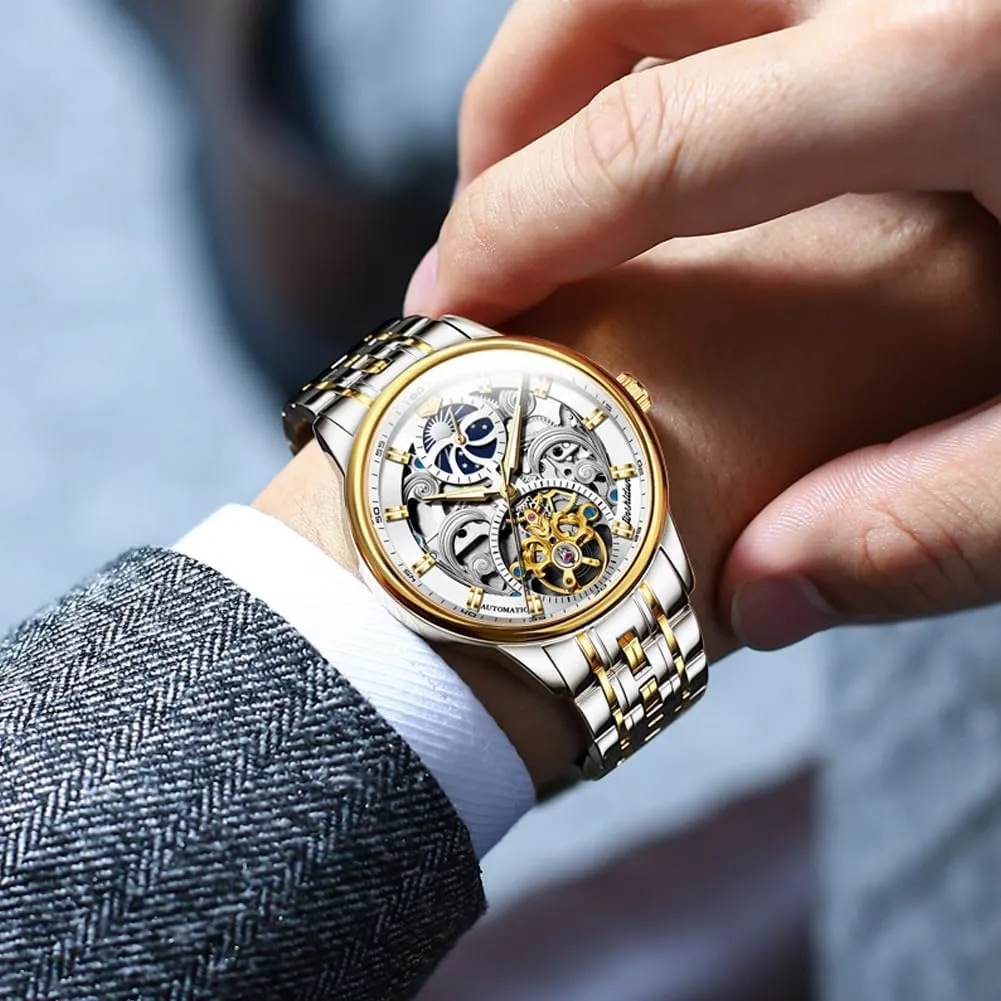 Black Leather Silver Gold Tourbillon Moon Phase Automatic Mechanical Self-Winding Waterproof Luminous Wrist Watches?? OLEVS Men's uniqueness Skeleton Watch Luxury Dress 