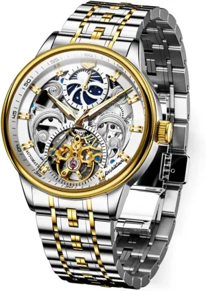 Black Leather Silver Gold Tourbillon Moon Phase Automatic Mechanical Self-Winding Waterproof Luminous Wrist Watches?? OLEVS Men's uniqueness Skeleton Watch Luxury Dress 