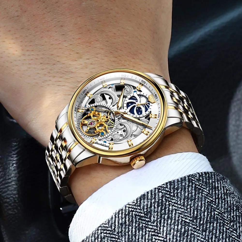 Black Leather Silver Gold Tourbillon Moon Phase Automatic Mechanical Self-Winding Waterproof Luminous Wrist Watches?? OLEVS Men's uniqueness Skeleton Watch Luxury Dress 