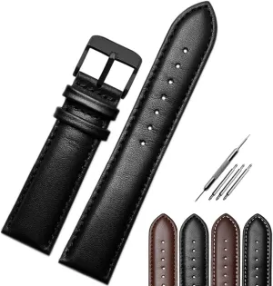 Black Pin Buckle Watchband- Stitched Padded Watch Strap Brown Black Color- Premium Watch Band Replacement for Men boon connoisseur screw intrigue magnetic & Women- Fit Most Watches- Choose Size (Black Jaxon Top Grain Leather 