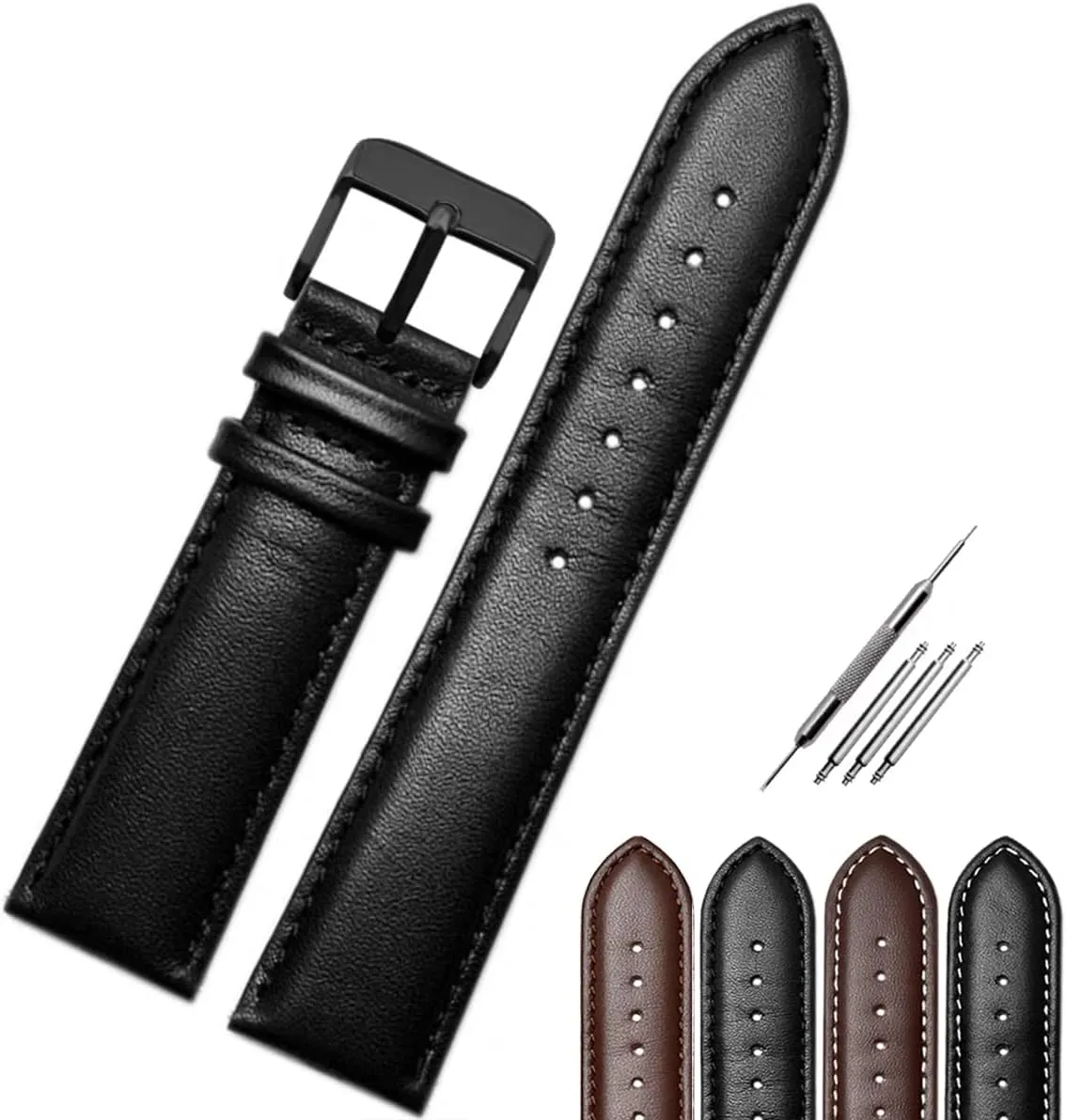 Black Pin Buckle Watchband- Stitched Padded Watch Strap Brown Black Color- Premium Watch Band Replacement for Men boon connoisseur screw intrigue magnetic & Women- Fit Most Watches- Choose Size (Black Jaxon Top Grain Leather 