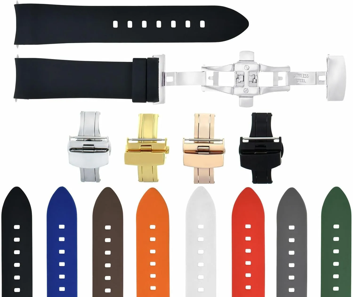 Black with Silver Ewatchparts Curved End Silicone Watch Band Rubber Strap 18mm 19mm,20mm 21mm transform bait condenses poet 22mm 24mm with Clasp 