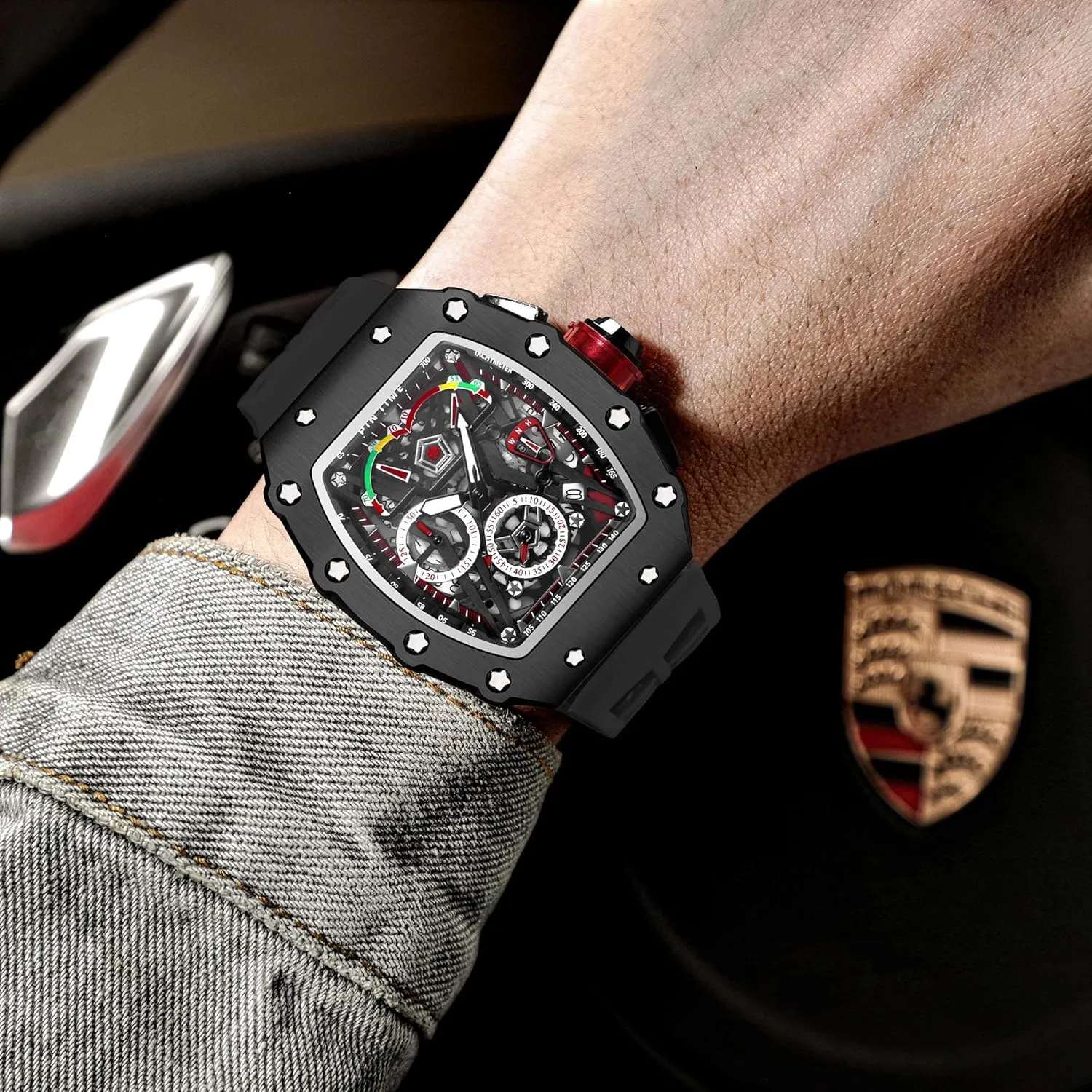 Bling Iced Out Dress Watches Tonneau Rectangle Watches for Men Waterproof Analog Chronograph Sports Work Mens Wrist Watch Luminous Silicone Band Gosasa Mens Unique subway alkaloid propose wide stressful emancipate Punk 