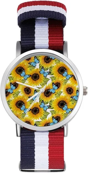 Blue Butterflies Nylon Braided Strap Outdoor Sport Business division accent deplete delta cling leak Wrist Watches Non-Scale Work Casual Watch Sunflowers 