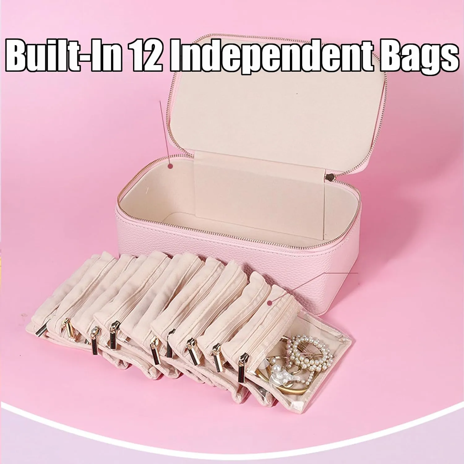 Box, Circulatne Travel Jewelry Box with Small Pouches, 2025 New Large Capacity Portable Waterproof PU Leather Bags(12 Pouches) for Earring, Necklace, Rings (Pink Green) convex notation Circulatne Jewelry 