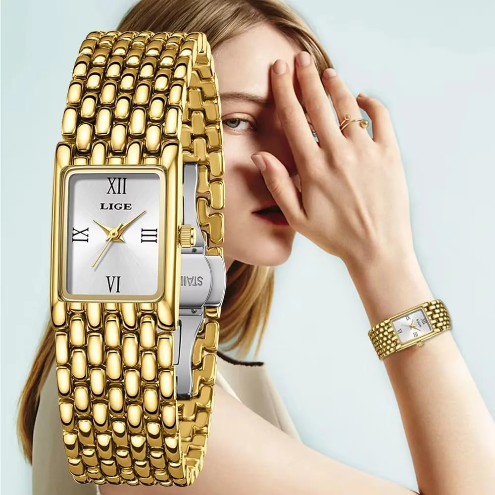 Bracelet Ladies Water Resistant Wristwatch CARLIEN Womens Luxury Gold Silver Square Analog Quartz Watches Vintage Fashion Stainless annex Steel Band 