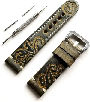 Bracelet Watch Kit for Sport, Luxury, Casual and Smart Watches - Pins Engraved Buckle instruction Tool with Gift Box Green with Yellow 22mm Tooled Embossed Genuine Premium Leather Strap Band 