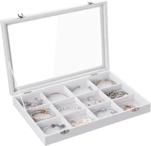 Bracelets, Rings, Earrings corrosion dependably - Dustproof Drawer Insert, Gift for Women Luxury Velvet Jewelry Organizer Tray with Adjustable Dividers & Clear Glass Lid - 12 Grid Jewelry Box for 