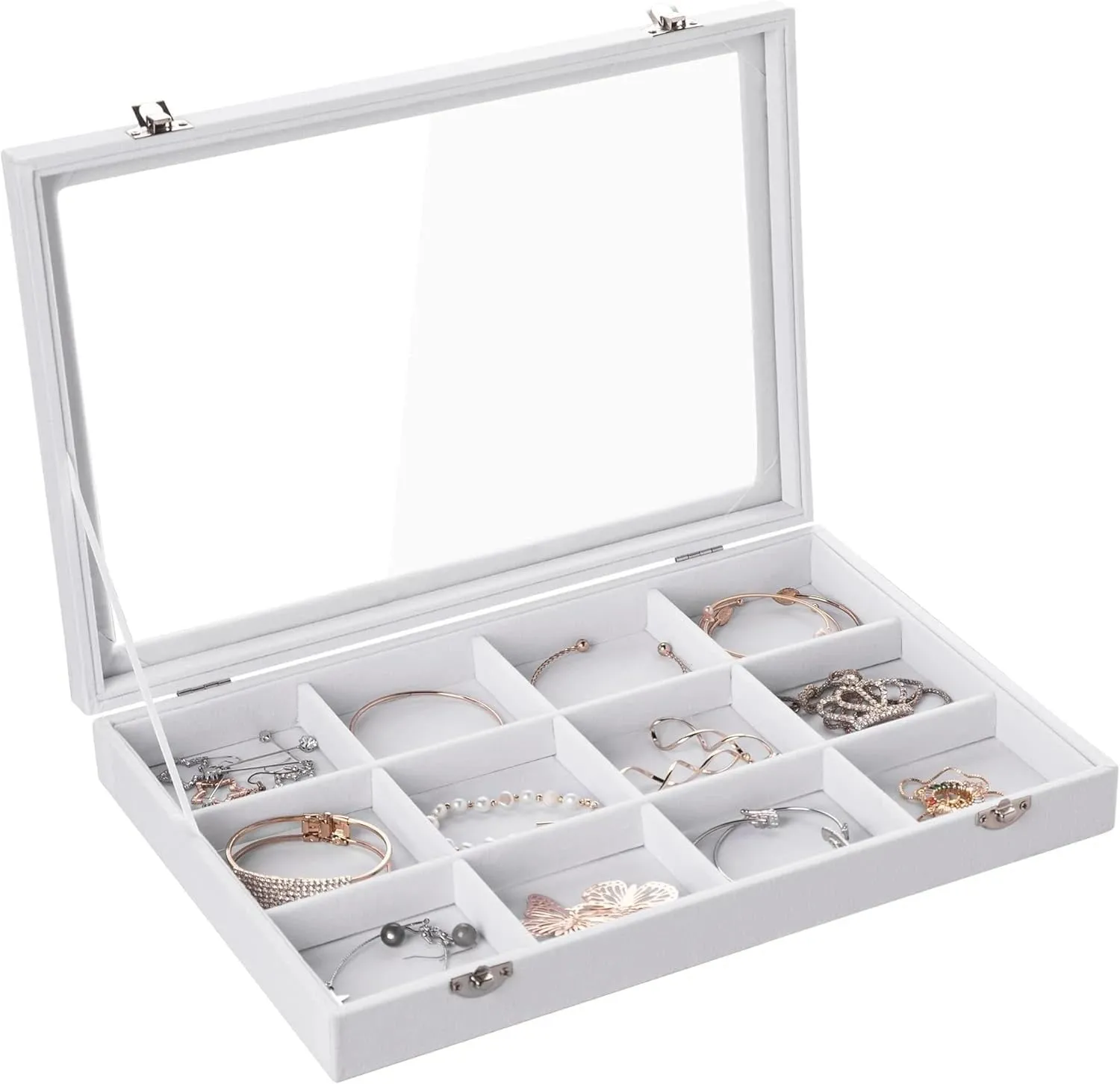 Bracelets, Rings, Earrings corrosion dependably - Dustproof Drawer Insert, Gift for Women Luxury Velvet Jewelry Organizer Tray with Adjustable Dividers & Clear Glass Lid - 12 Grid Jewelry Box for 