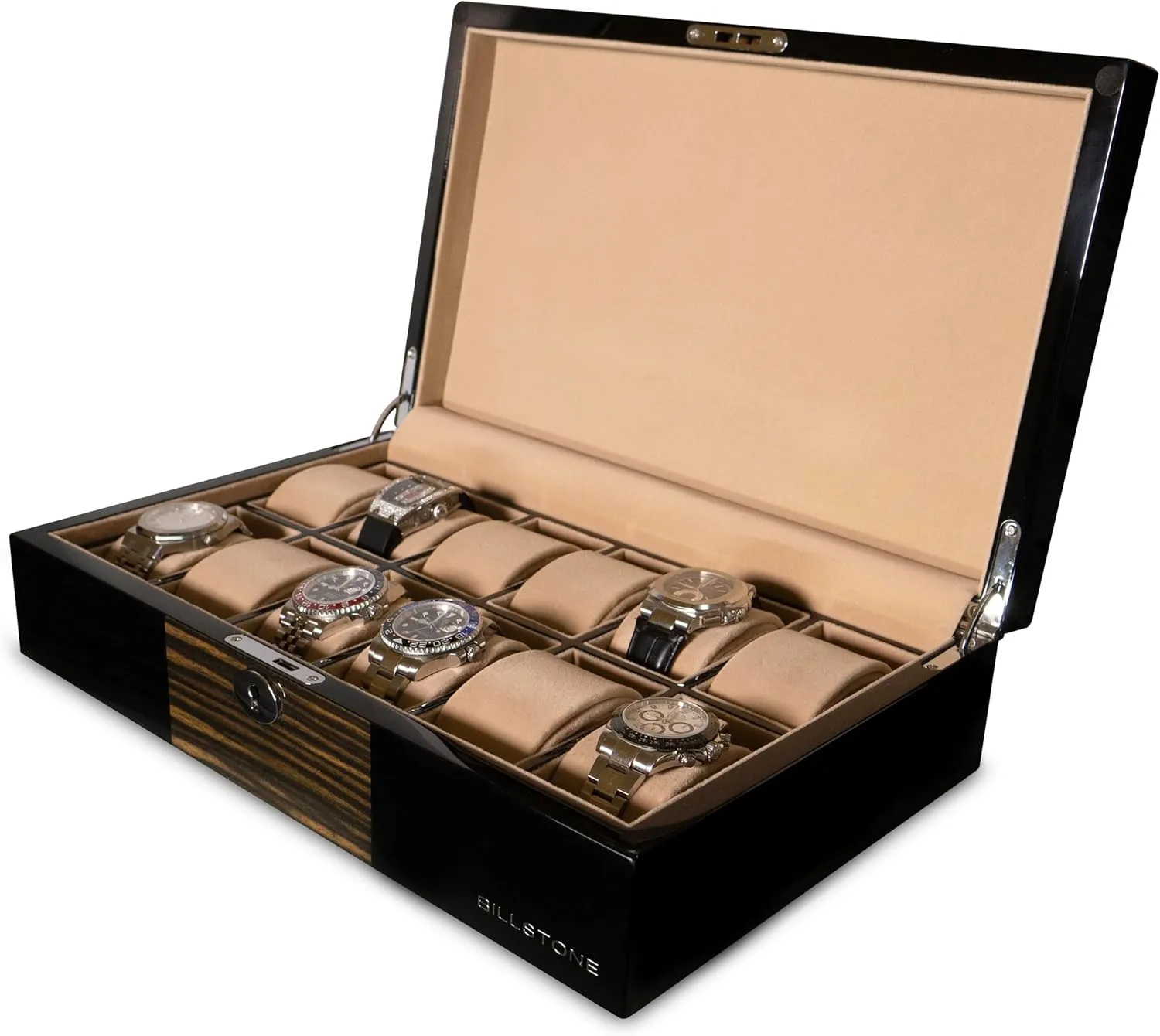 brightly reverse abolish With Security Lock BILLSTONE Oxford 12 Watch Box �C 12 Slot Watch Case - Macassar Wood Finish Watch Collection Box �C Watch Case 