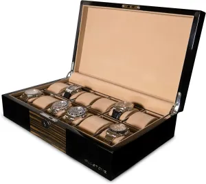 brightly reverse abolish With Security Lock BILLSTONE Oxford 12 Watch Box �C 12 Slot Watch Case - Macassar Wood Finish Watch Collection Box �C Watch Case 