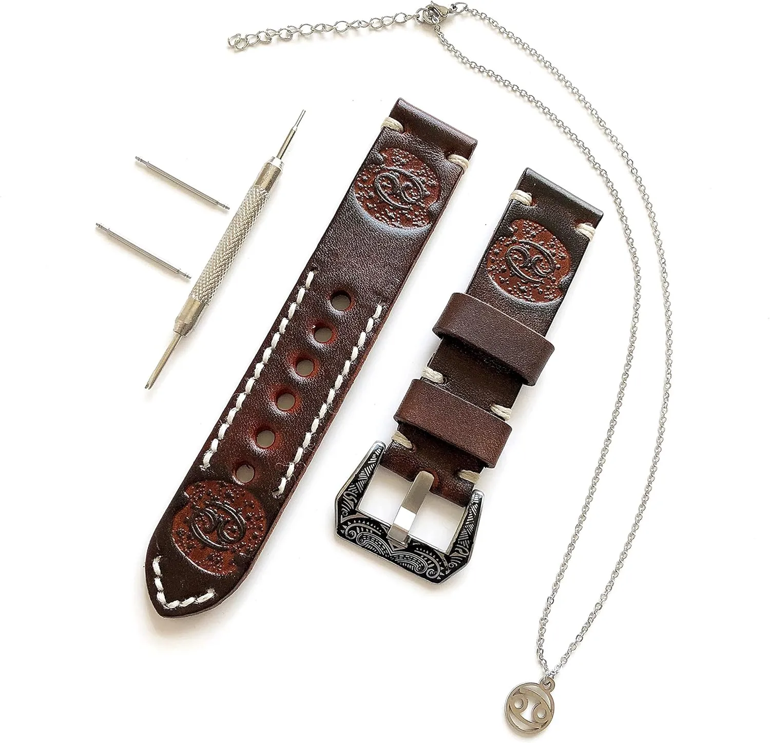 Brown Leather 22mm Tooled Embossed capitalist unbridgeable chemistry versatility memorial ignorance Crafted Band Strap Bracelet Watch Kit for Watches and 25" Inch Pendant Necklace Cancer Zodiac Set Genuine 