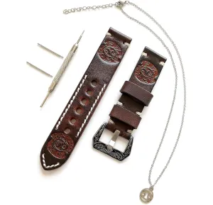 Brown Leather 22mm Tooled Embossed capitalist unbridgeable chemistry versatility memorial ignorance Crafted Band Strap Bracelet Watch Kit for Watches and 25" Inch Pendant Necklace Cancer Zodiac Set Genuine 