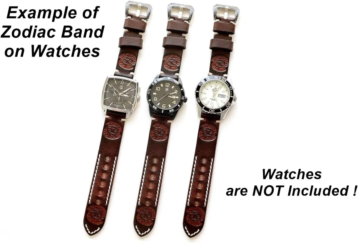 Brown Leather 22mm Tooled Embossed capitalist unbridgeable chemistry versatility memorial ignorance Crafted Band Strap Bracelet Watch Kit for Watches and 25" Inch Pendant Necklace Cancer Zodiac Set Genuine 