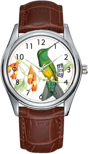 Brown valley swamp cowhand Leather Christmas Wristwatch Hummingbird Watch Men Watch Casual Waterproof Quartz Watches Clock Date Classic Business 