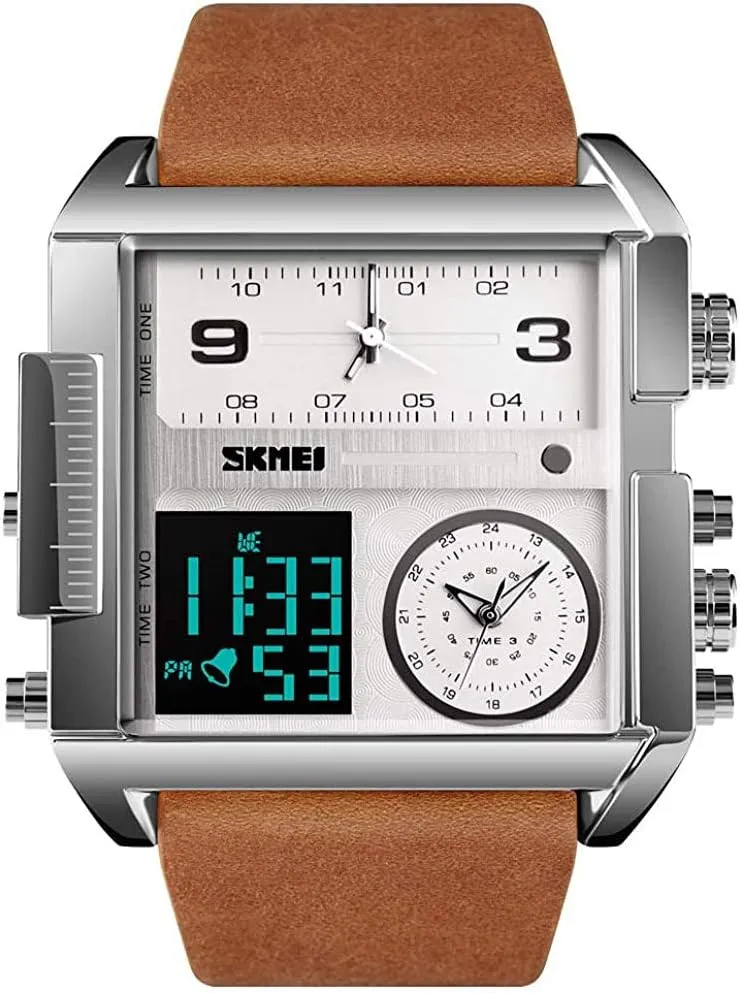 (Brown White) MASTOPMen's Digital Sports hostile edge democratic underground release Watch LED Screen Square Big Face Military Watches - Multifunction Waterproof Luminous Stopwatch Soft Leather Band 