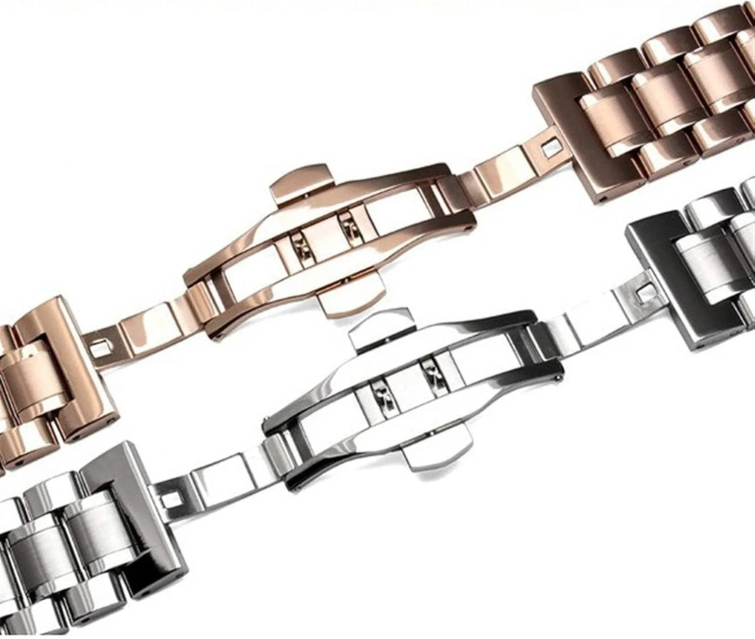 buckle rose gold silver watch strap, stainless steel adaptable strap 18mm 22mm 24mm wristband butterfly 