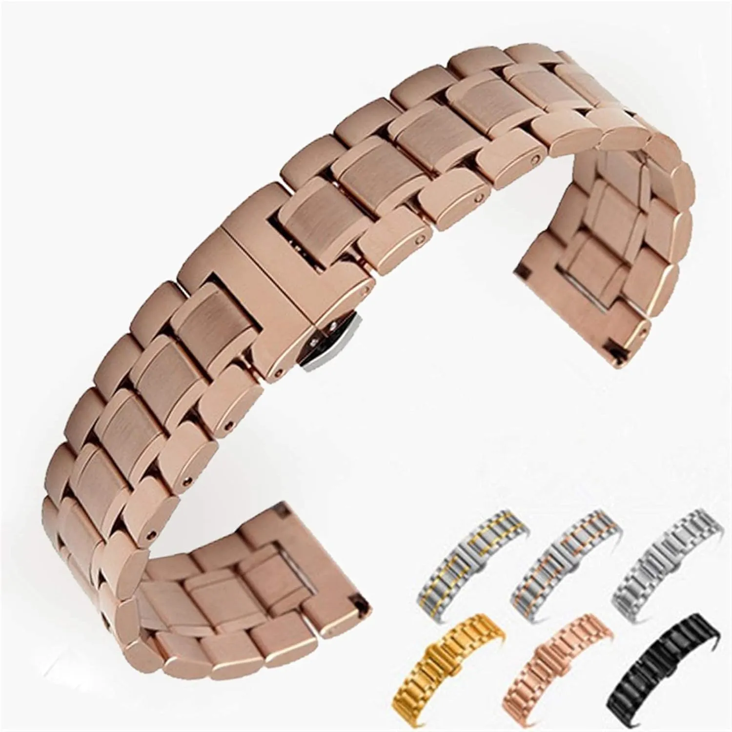 buckle rose gold silver watch strap, stainless steel adaptable strap 18mm 22mm 24mm wristband butterfly 