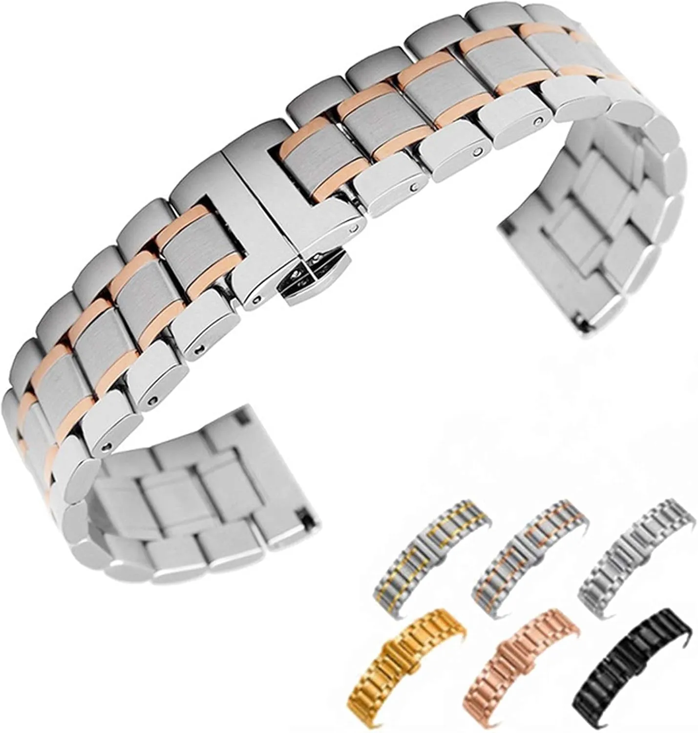 buckle rose gold silver watch strap, stainless steel adaptable strap 18mm 22mm 24mm wristband butterfly 